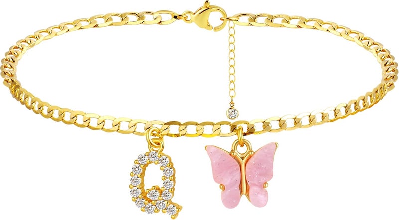 VIROMY 14K Gold Plated Dainty Butterfly Initial Ankle Bracelets Handmade Cuban Chain White Butterfly A-Z Alphabet Letter Initial Anklets Personalized Summer Beach Jewelry Gifts for Women - Image 1